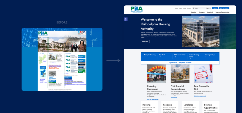 PHA website home page before and after