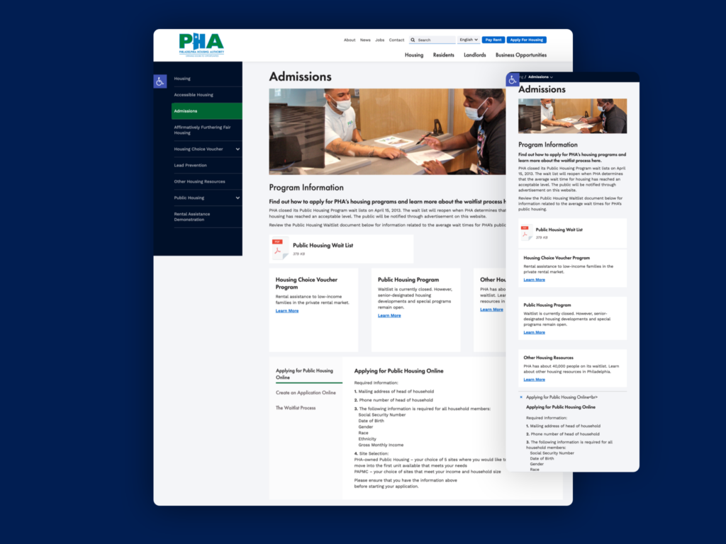 PHA Admissions page view on desktop and mobile