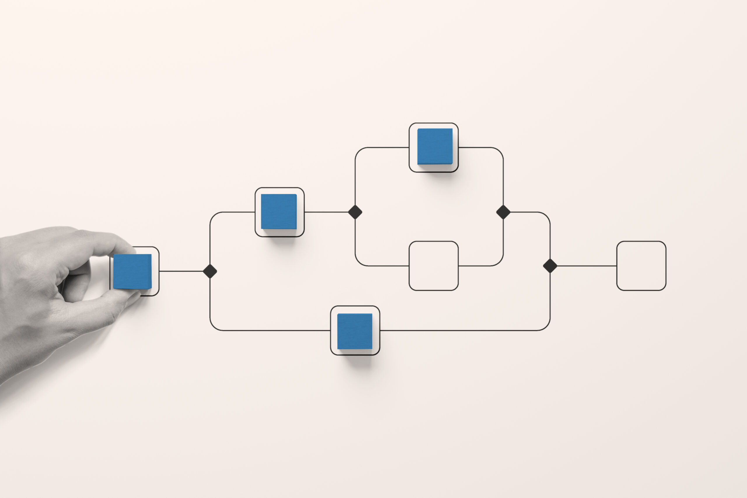 image of Business process and workflow automation with flowchart using wooden cube blocks